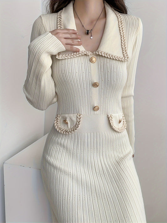 Sixsr Ribbed Solid Midi Dress, Elegant Long Sleeve Bodycon Sweater Dress, Women's Clothing