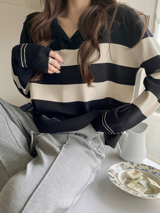 Sixsr Striped V Neck Pullover Sweater, Casual Long Sleeve Loose Sweater, Women's Clothing