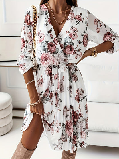 Floral Print Split Hem A-line Dress, Vintage V Neck Long Sleeve Dress, Women's Clothing