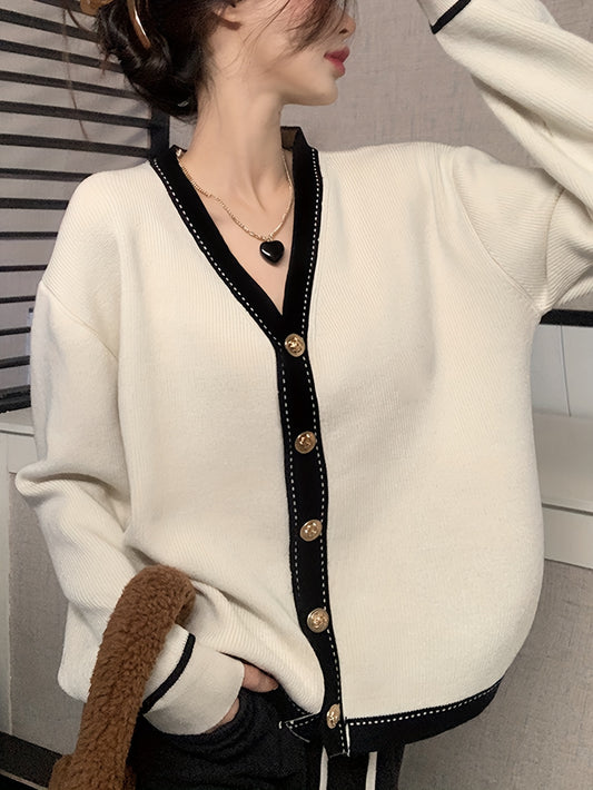 Sixsr Color Block Button Front Cardigan, Casual Long Sleeve Drop Shoulder Outwear, Women's Clothing