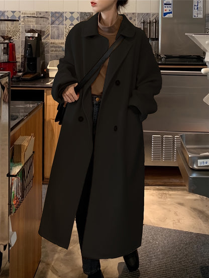 Sixsr Solid Double Breasted Pockets Overcoat, Versatile Long Sleeve Winter Warm Outwear For Fall & Winter, Women's Clothing