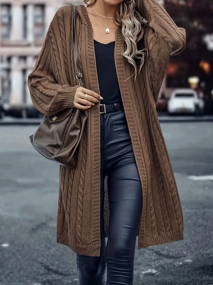 Sixsr Solid Open Front Cable Knit Cardigan, Casual Long Sleeve Hooded Sweater Coat, Women's Clothing