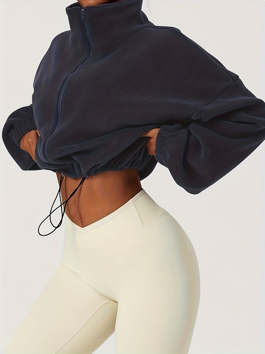 Sixsr Women's Warm Fleece Crop Jacket With Zipper And Drawstring - Perfect For Casual Sports And Outdoor Activities