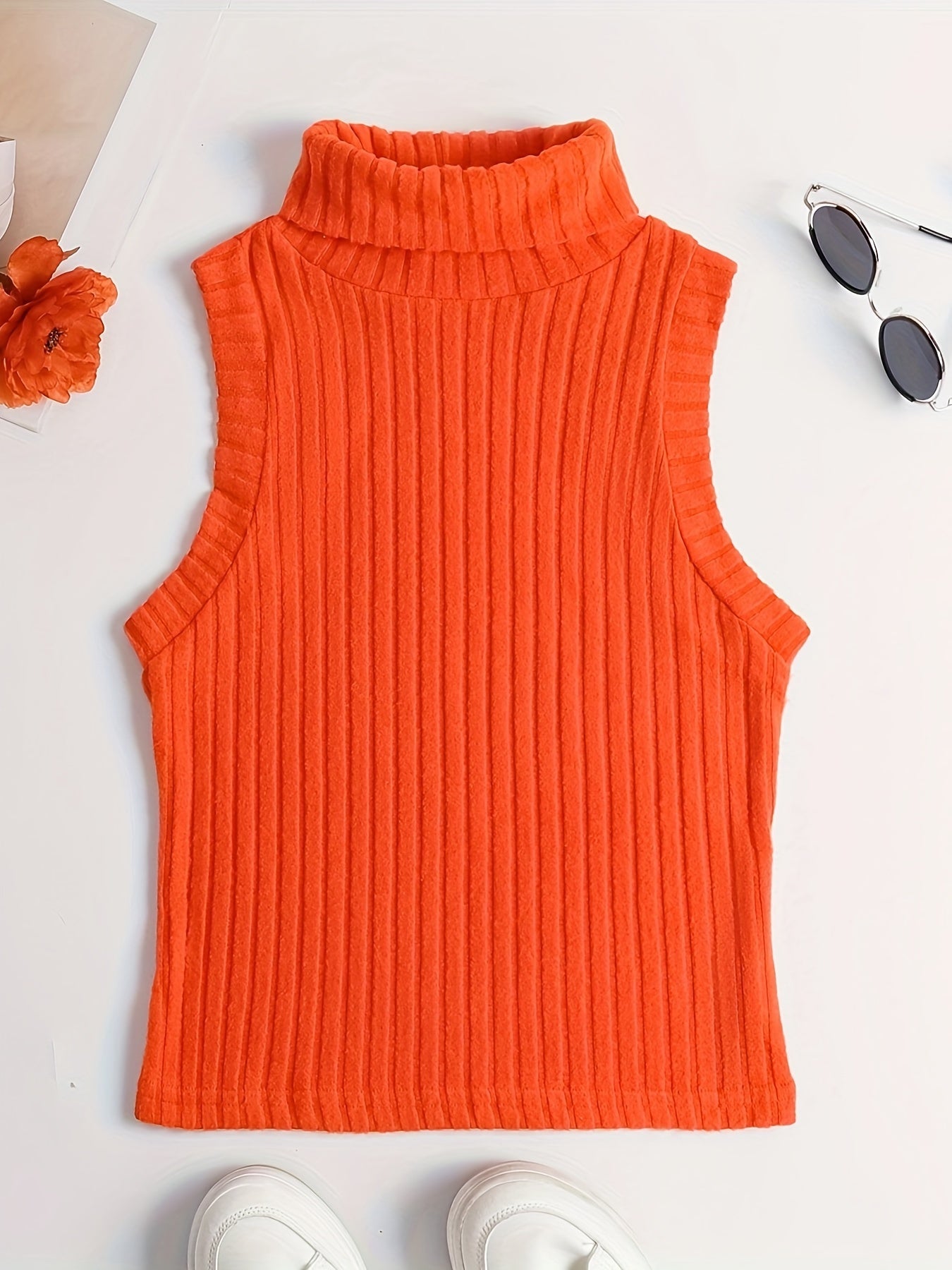 Sixsr Rib Knit High Neck Sweater Knitted Top, Sleeveless Casual Tank Top, Women's Clothing