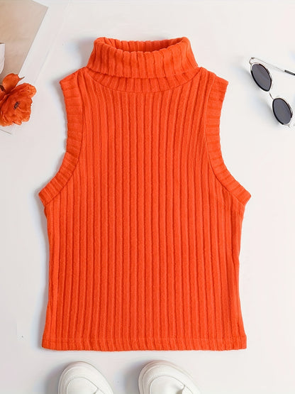Sixsr Rib Knit High Neck Sweater Knitted Top, Sleeveless Casual Tank Top, Women's Clothing