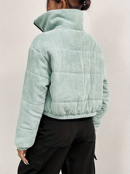 Sixsr Zip Front Stand Collar Coat, Casual Long Sleeve Winter Warm Outerwear, Women's Clothing