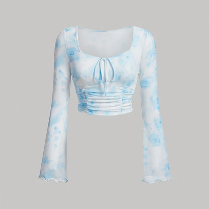 Sixsr Tie Dye Print Tie Front Ruched T-Shirt, Casual Long Flare Sleeve Top For Spring & Fall, Women's Clothing