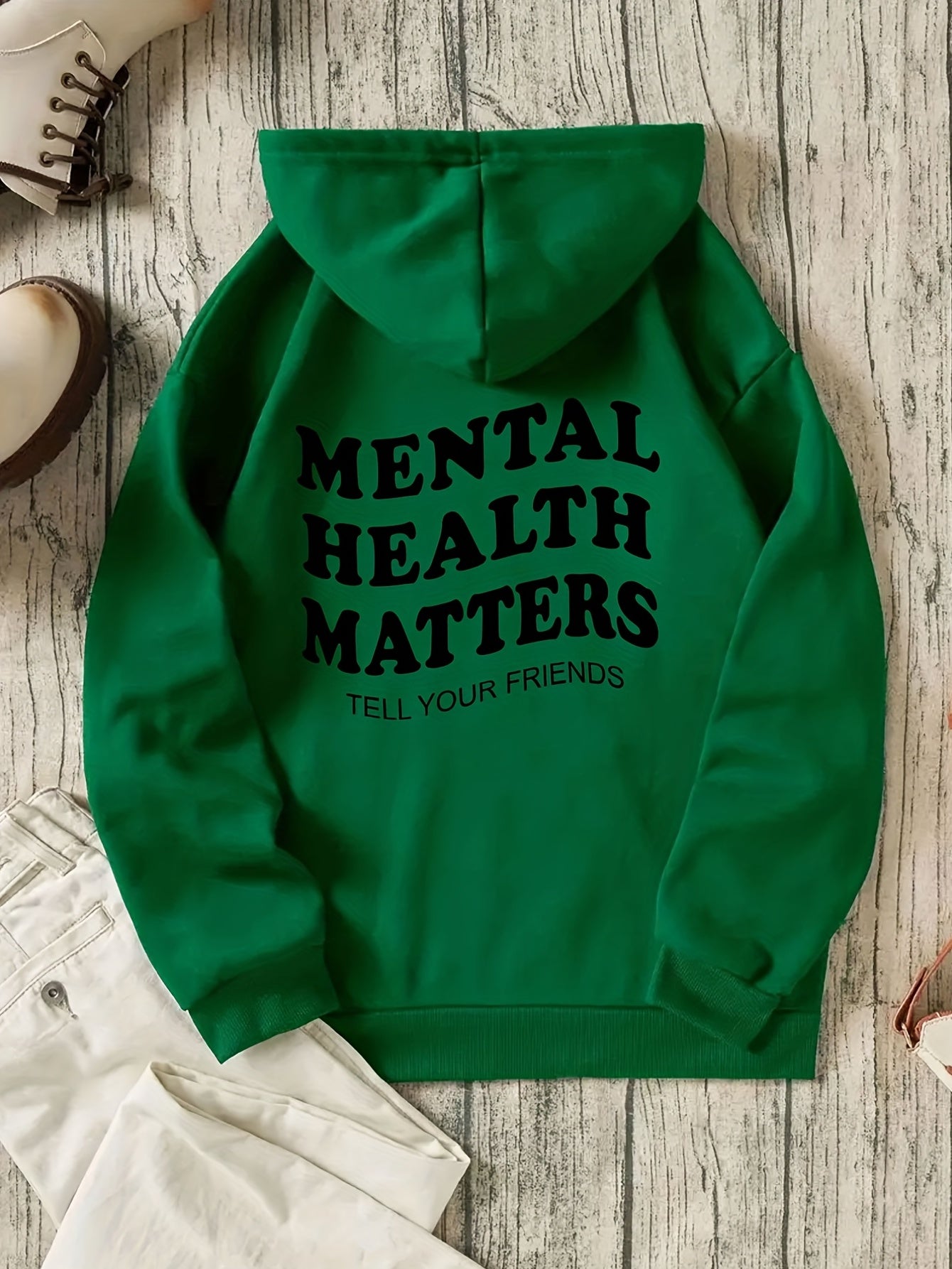 Sixsr Mental Health Matters Print Hoodies, Drawstring Kangaroo Pocket Casual Sweatshirt For Winter & Fall, Women's Clothing