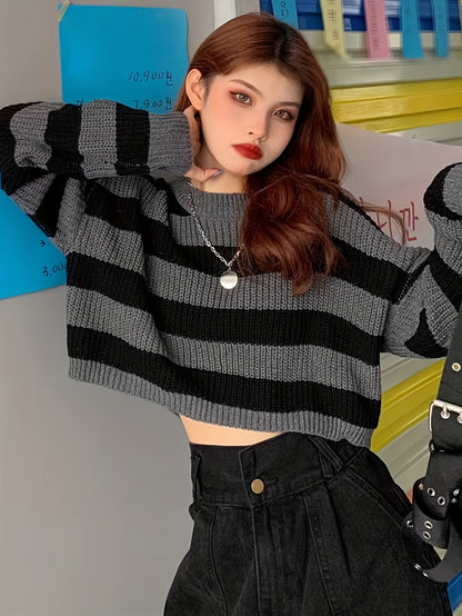 Sixsr Striped Crew Neck Pullover Sweater, Casual Long Sleeve Loose Crop Sweater, Women's Clothing