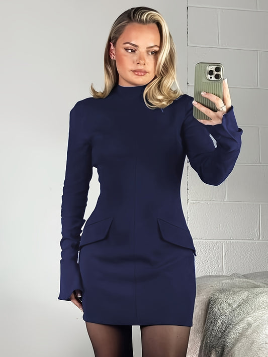 Sixsr Solid Mock Neck Bodycon Dress, Elegant Long Sleeve Dress For Spring & Fall, Women's Clothing