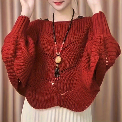 Sixsr Knitted Hollow Out Pullover Poncho Solid Color Batwing Loose Shawl Women's Stylish Round Neck Outerwear Smock