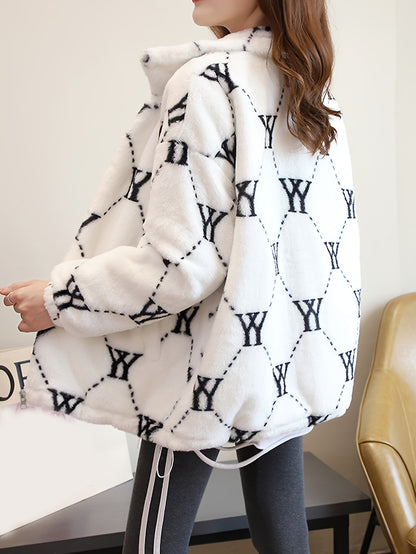 Sixsr Allover Print Zip-up Plush Coat, Casual Thermal Long Sleeve Lapel Coat For Fall & Winter, Women's Clothing