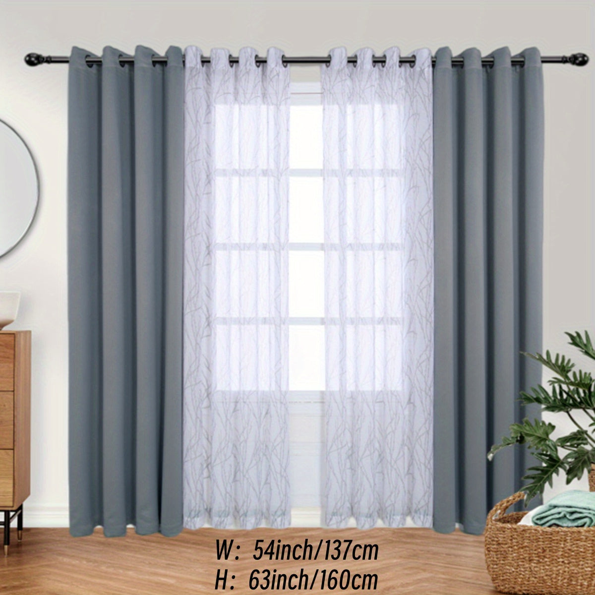 1 Panel Branch Printed Sheer Curtain + 1 Panel Blackout Curtain - Panels for Bedroom, Office, Living Room Home Decor with Grommet Top Window Drapes