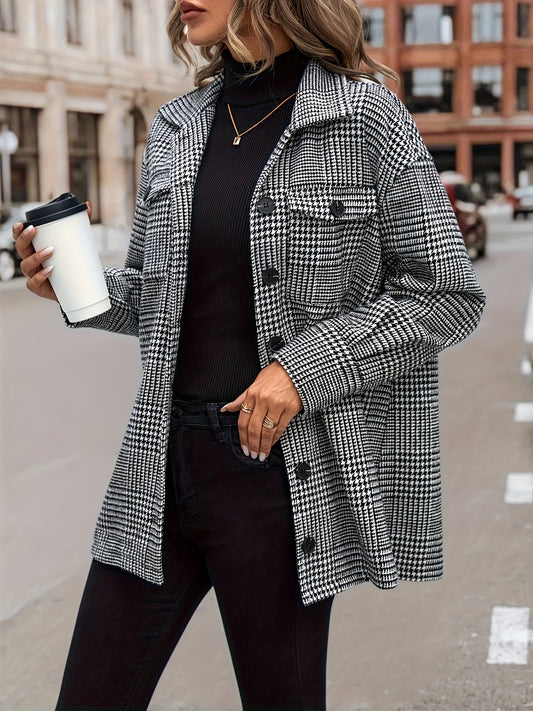 Sixsr Plus Size Casual Jacket, Women's Plus Houndstooth Print Button Up Long Sleeve Lapel Collar Coat