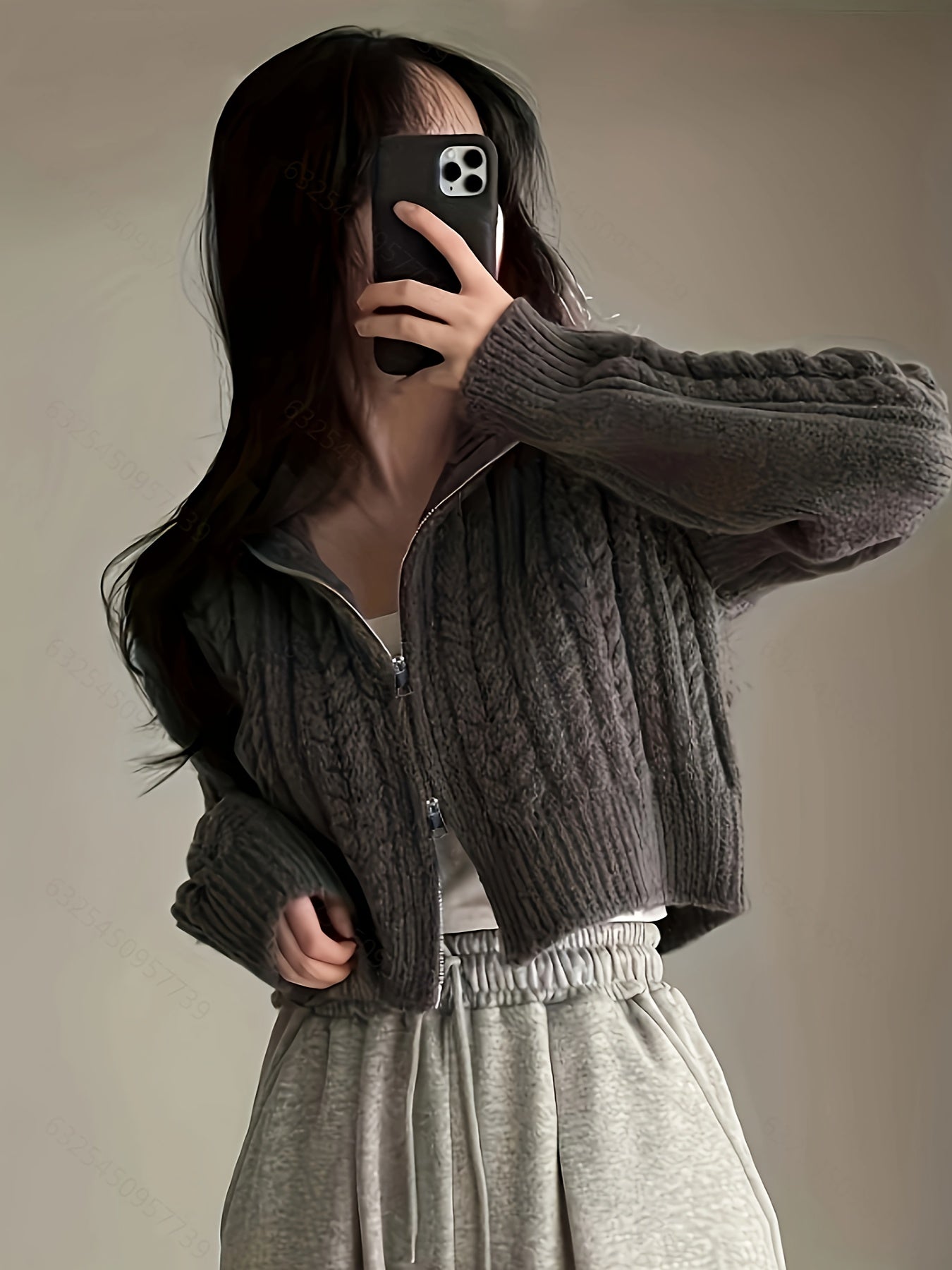 Sixsr Solid Zip Up Cable Knit Cardigan, Casual Turndown Collar Long Sleeve Crop Sweater, Women's Clothing