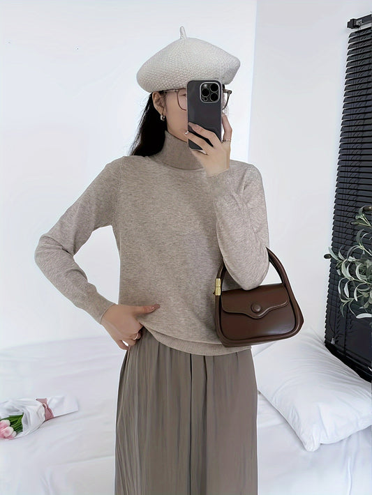 Sixsr Solid Turtleneck Pullover Sweater, Elegant Long Sleeve Drop Shoulder Sweater, Women's Clothing