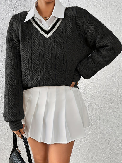 Sixsr Cable Knit V Neck Pullover Sweater, Casual Long Sleeve Loose Sweater, Women's Clothing