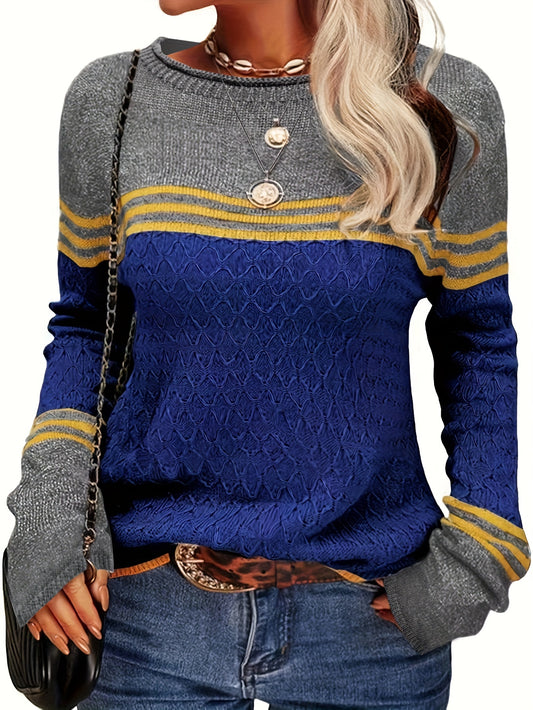Sixsr Color Block Boat Neck Knitted Top, Casual Long Sleeve Pullover Sweater For Fall & Winter, Women's Clothing