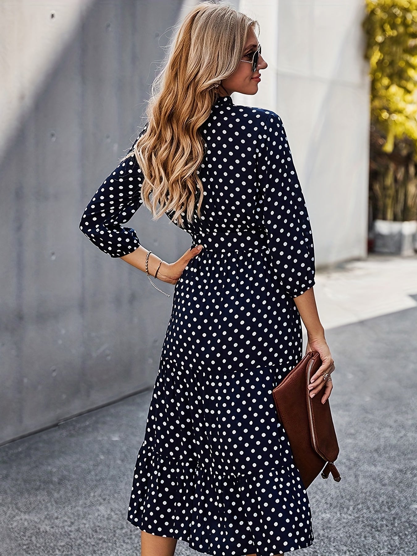 Sixsr Polka Dot Print 3/4 Sleeve Dress, Elegant Wrap Neck Midi Dress, Women's Clothing