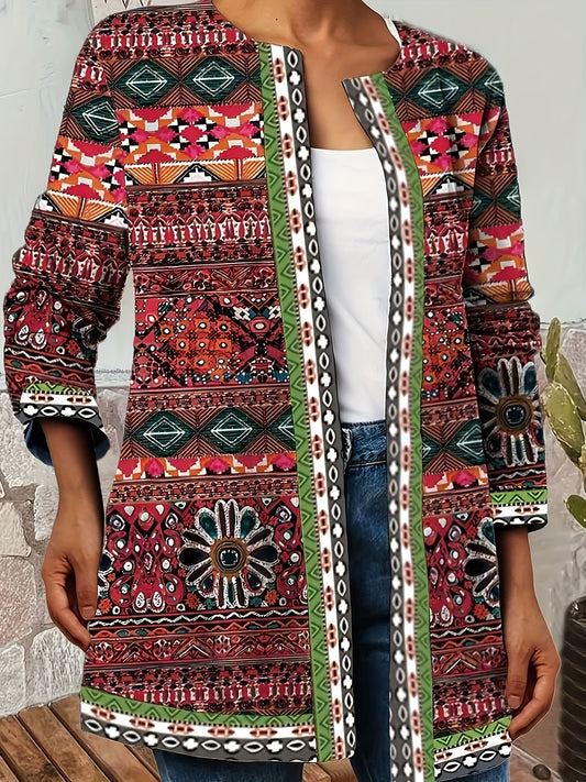 Sixsr Ethnic Print Open Front Cardigan, Vintage Long Sleeve Cardigan For Spring & Fall, Women's Clothing