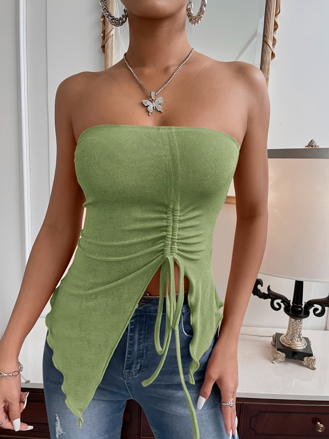 Sixsr  Lettuce Trim Drawstring Ruched Tube Top, Versatile Strapless Solid Tube Top For Summer, Women's Clothing