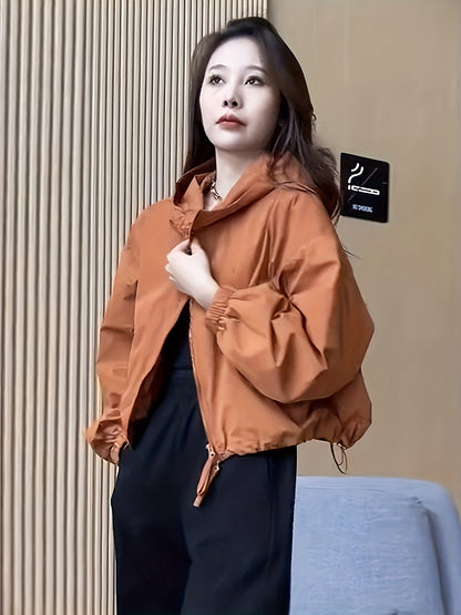 Sixsr Solid Zipper Drawstring Hooded Jacket, Casual Long Sleeve Loose Outwear For Spring & Fall, Women's Clothing