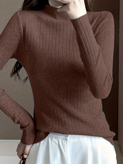 Sixsr Solid Mock Neck Sweater, Elegant Long Sleeve Pullover Sweater, Women's Clothing