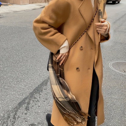 Sixsr Solid Color Double Breasted Lapel Neck Coat, Elegant Loose Long Sleeve Coat For Fall, Women's Clothing