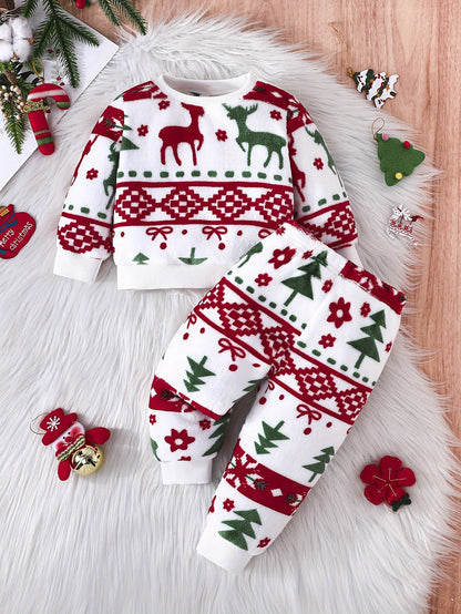 Soft Plush Newborn Boy's Comfy Christmas Reindeer Patterns Sweatshirt & Pants Co Ord Set for Fall and Winter