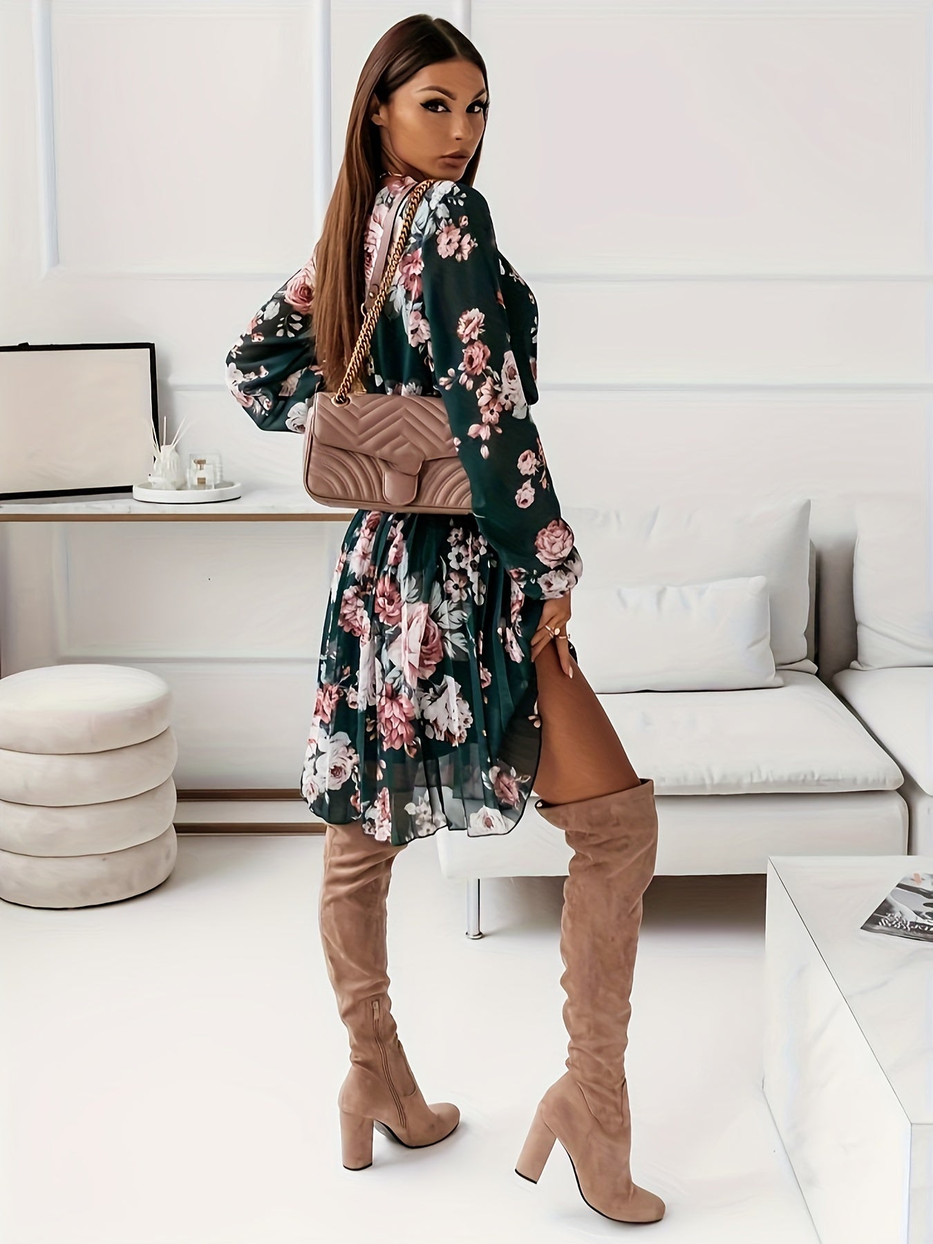 Floral Print Split Hem A-line Dress, Vintage V Neck Long Sleeve Dress, Women's Clothing