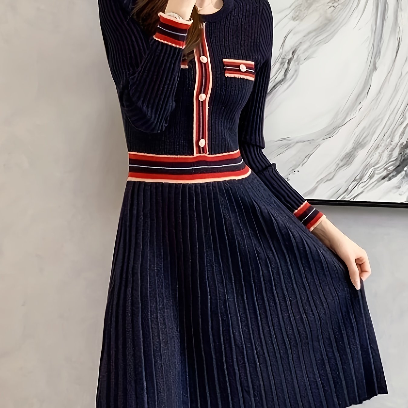 Sixsr Contrast Trim Pleated Dress, Elegant Long Sleeve A-line Dress, Women's Clothing