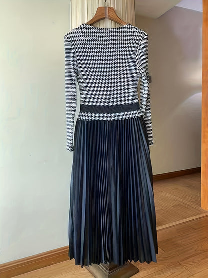 Sixsr Houndstooth Print Pleated Dress, Elegant Crew Neck Short Sleeve Dress, Women's Clothing