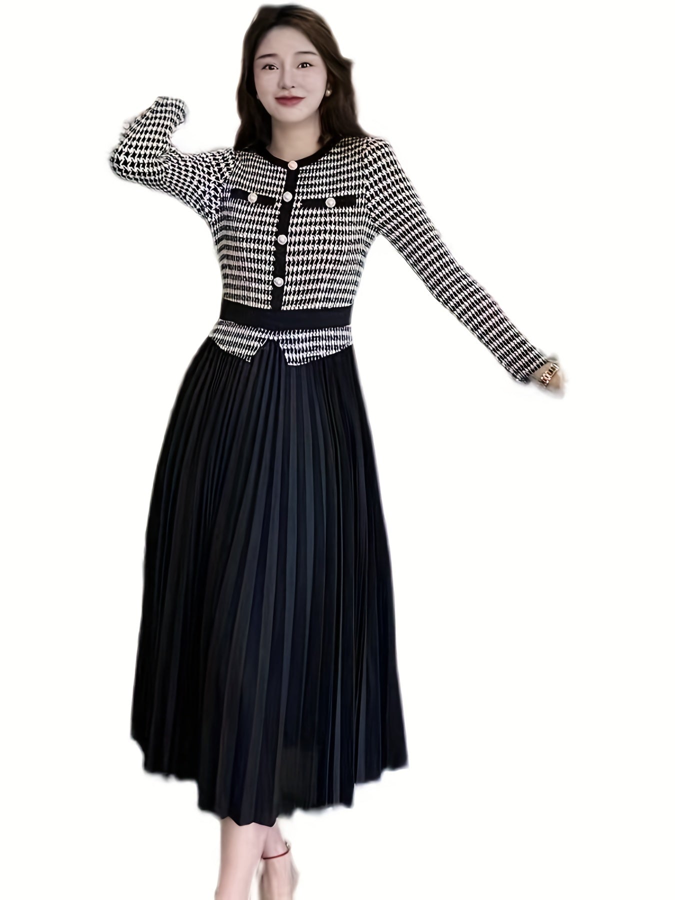 Sixsr Houndstooth Print Pleated Dress, Elegant Crew Neck Short Sleeve Dress, Women's Clothing