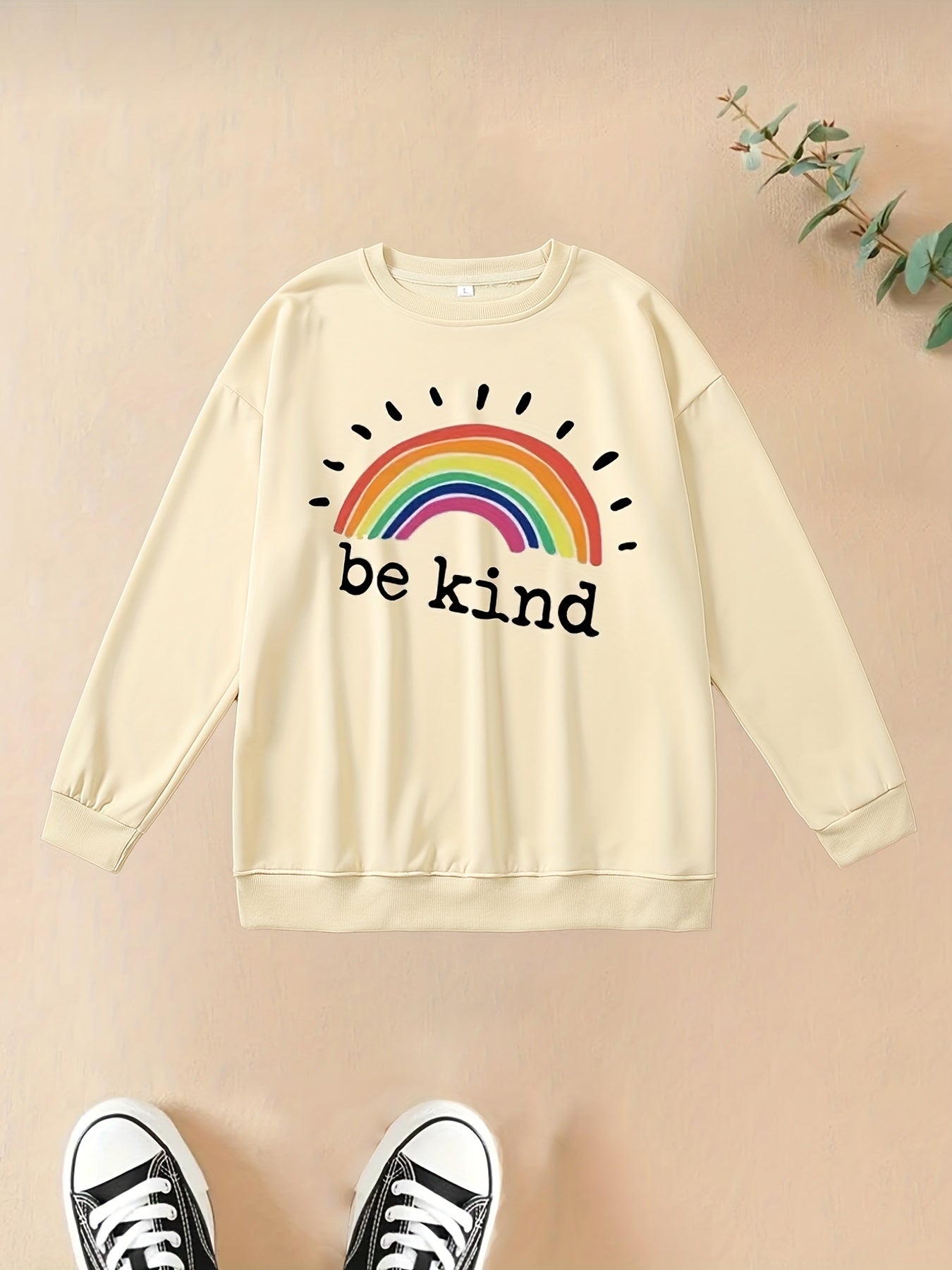 Sixsr Plus Size Casual Sweatshirt, Women's Plus Rainbow & Slogan Print Long Sleeve Round Neck Slight Stretch Sweatshirt