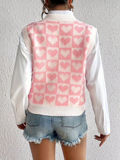 Sixsr Heart Pattern V Neck Knitted Vest, Y2K Sleeveless Vest For Spring & Fall, Women's Clothing