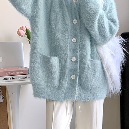 Sixsr Solid Button Down Fleece Knit Cardigan, Casual Long Sleeve Loose Comfy Sweater With Pocket, Women's Clothing