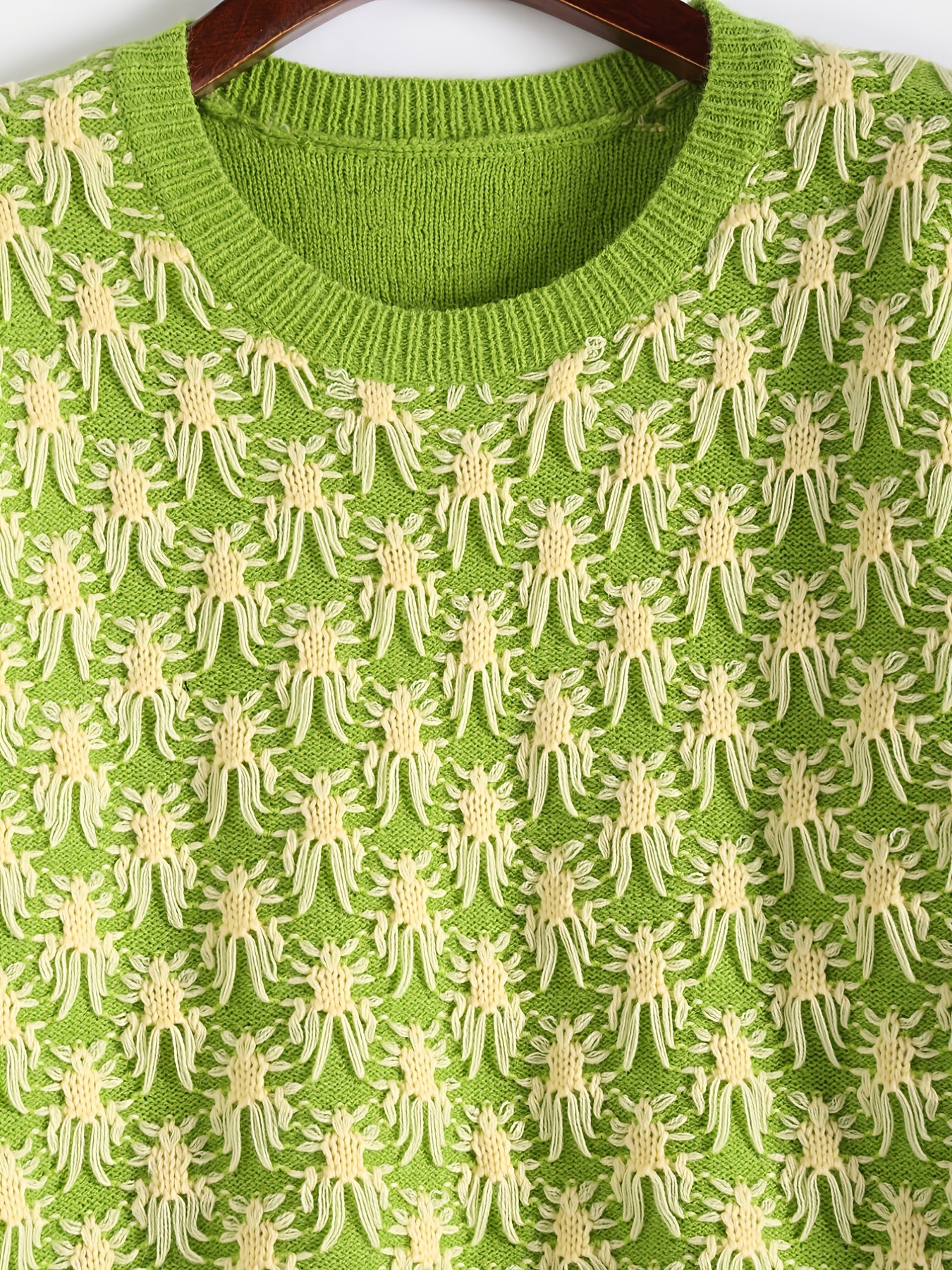 Sixsr Plus Size Jacquard Long Sleeve Knitwear, Women's Plus Casual Round Neck Slight Stretch Pullover Sweater