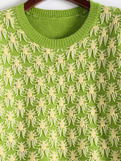 Sixsr Plus Size Jacquard Long Sleeve Knitwear, Women's Plus Casual Round Neck Slight Stretch Pullover Sweater