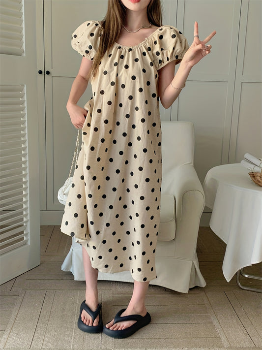 Sixsr Polka Dot Print Dress, Casual Puff Sleeve Midi Dress, Women's Clothing