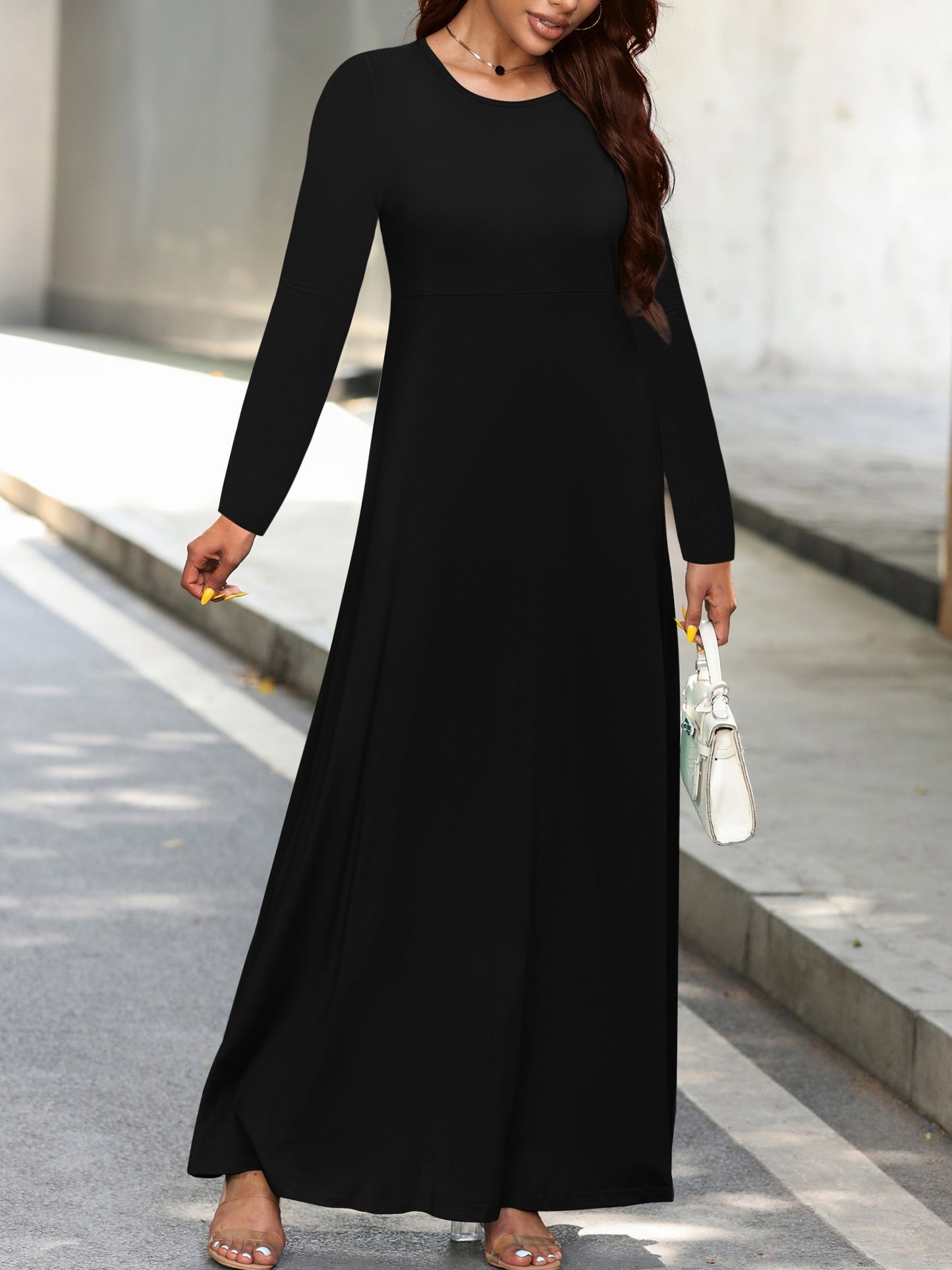 Sixsr Plus Size Casual Dress, Women's Plus Solid Long Sleeve Round Neck High Stretch Maxi Dress