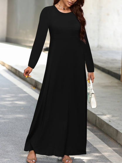 Sixsr Plus Size Casual Dress, Women's Plus Solid Long Sleeve Round Neck High Stretch Maxi Dress