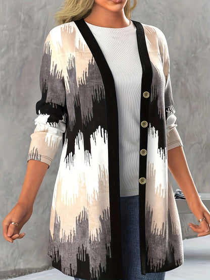 Sixsr Plus Size Casual Coat, Women's Plus Colorblock Geometric Print Long Sleeve Button Open Front Cardigan