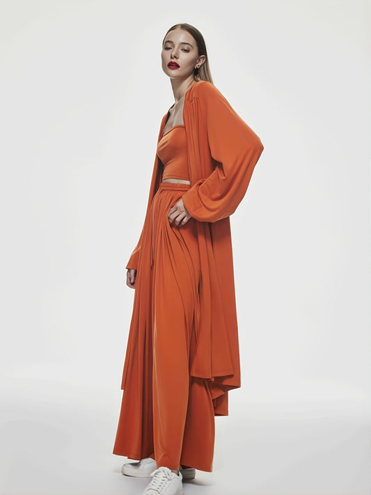 Sixsr Women's Three-piece Sleeping Loungewear Set, Solid Long Sleeve Cardigan & Strapless Crop Cami Top & Tie Waist Wide Leg Pants, Women's Clothing