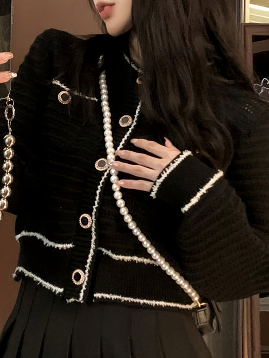 Sixsr Elegant Button Down Knit Cardigan, Crew Neck Long Sleeve Coat For Fall & Winter, Women's Clothing