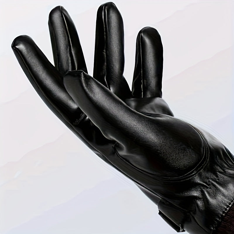 Men'S Winter Touchscreen Gloves, Warm Fleece Lining, Windproof, Enhanced Grip, Suitable for Riding & Driving, Machine Washable, PU Fabric, Button Closure - Ski Gloves for Men