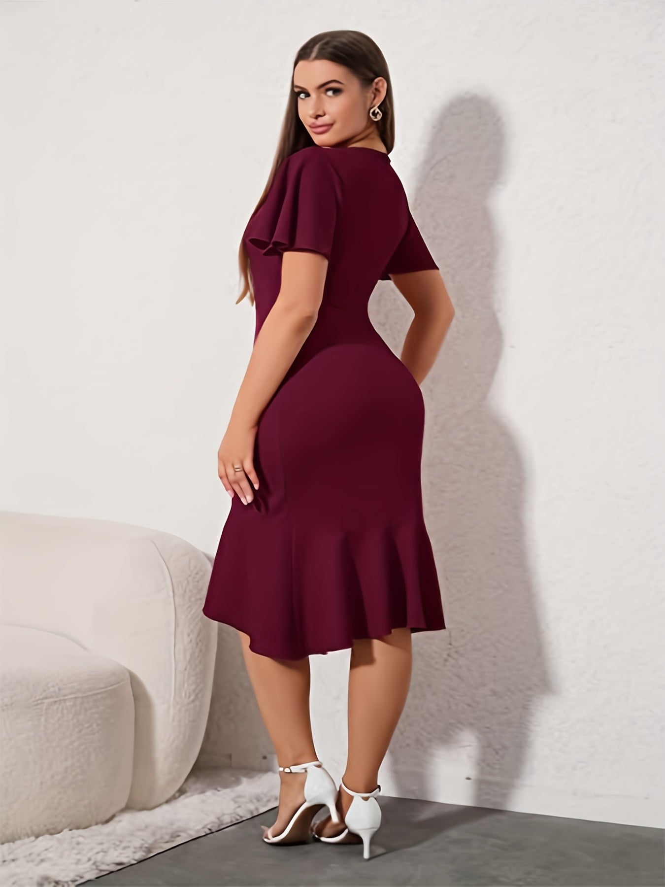 Sixsr Solid Flutter Sleeve Dress, Casual V-neck Ruffle Hem Dress For Spring & Summer, Women's Clothing