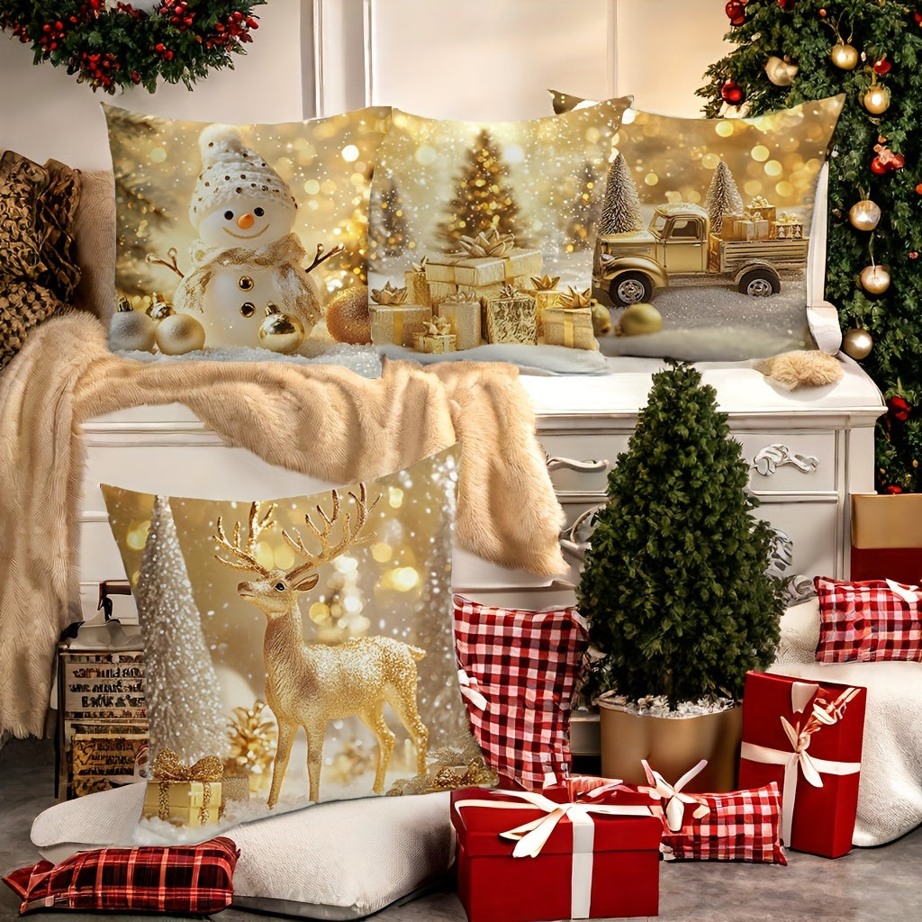 Set of 4 Christmas Throw Pillow Covers, Contemporary Style Hand Wash Zippered Polyester Cushion Cases, 17.72 Inch Square Decorative Pillowcases with Snowman, Reindeer, Christmas Tree, and Truck Designs for Living Room Sofa Decor