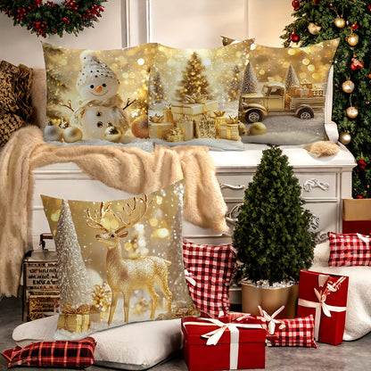 Set of 4 Christmas Throw Pillow Covers, Contemporary Style Hand Wash Zippered Polyester Cushion Cases, 17.72 Inch Square Decorative Pillowcases with Snowman, Reindeer, Christmas Tree, and Truck Designs for Living Room Sofa Decor