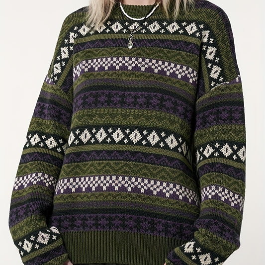 Sixsr Y2K Ethnic Pattern Pullover Sweater, Casual Long Sleeve Drop Shoulder Knit Sweater, Women's Clothing