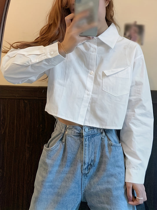 Sixsr Solid Patched Pocket Crop Shirt, Versatile Long Sleeve Crop Top For Spring & Fall, Women's Clothing
